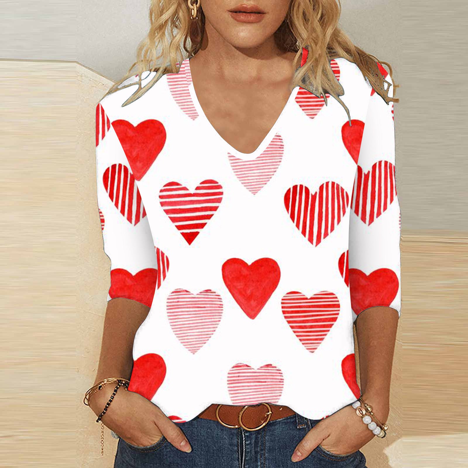 Cute Valentine's Heart V-Neck 3/4 Sleeve Casual T-Shirt