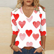 Cute Valentine's Heart V-Neck 3/4 Sleeve Casual T-Shirt