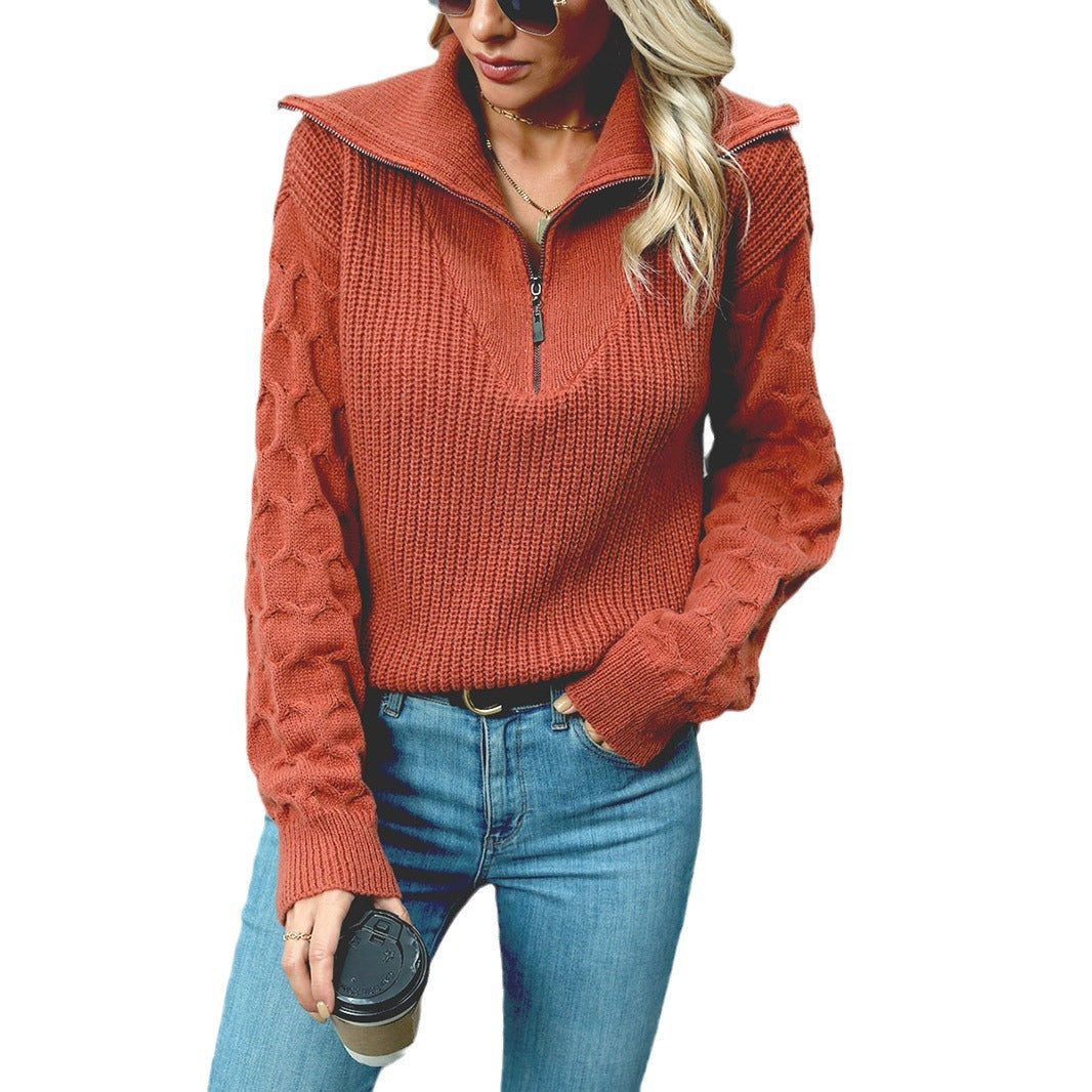 Customizable Zippered Polo Sweater with Large Lapel and Textured Knit Pullover