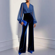 Elegant Velvet V-Neck Long Jumpsuit