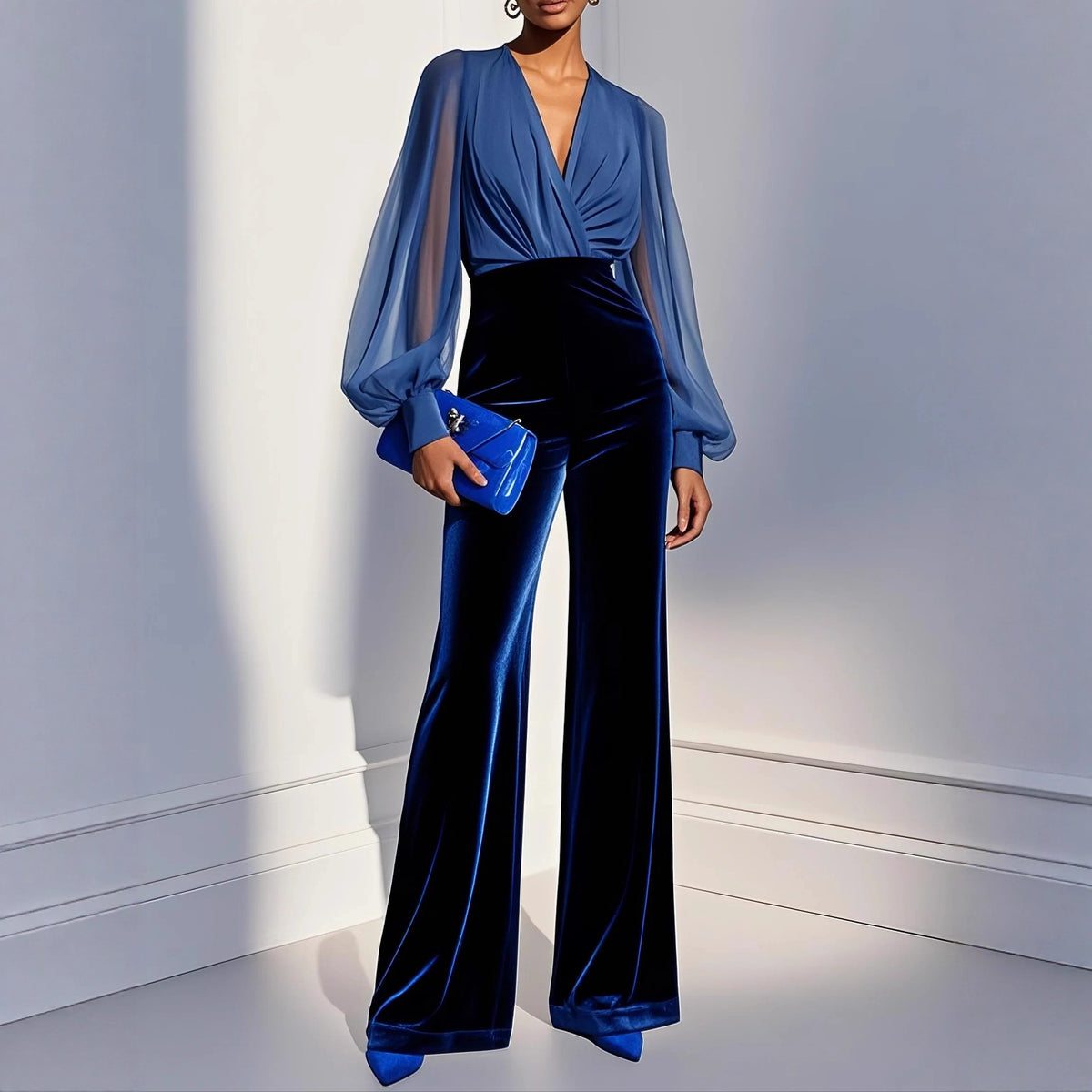 Elegant Velvet V-Neck Long Jumpsuit