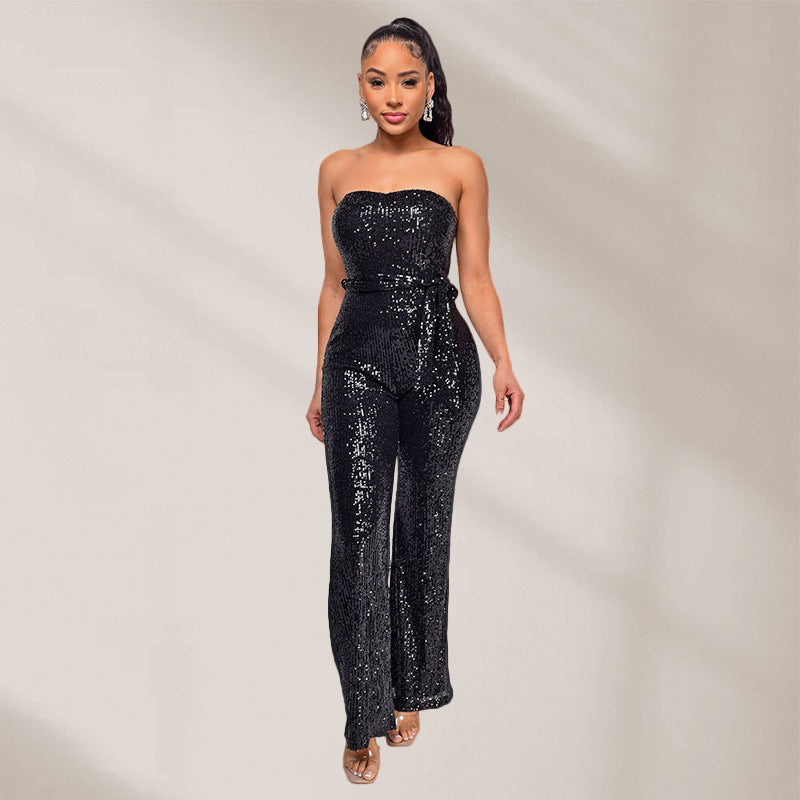Solid-color Womens Tube Top Backless Jumpsuit