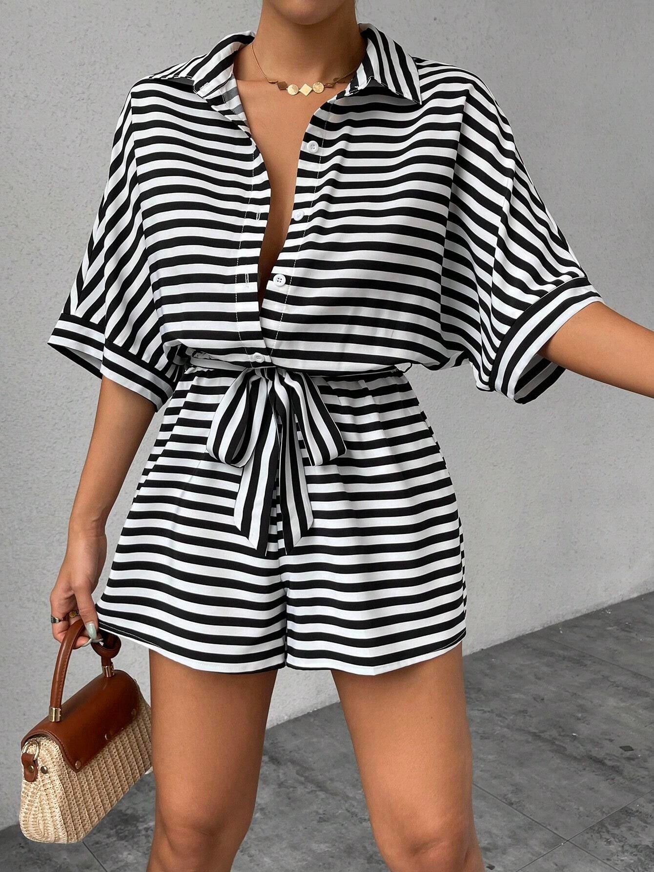 Summer Striped Lapel Belted Jumpsuit