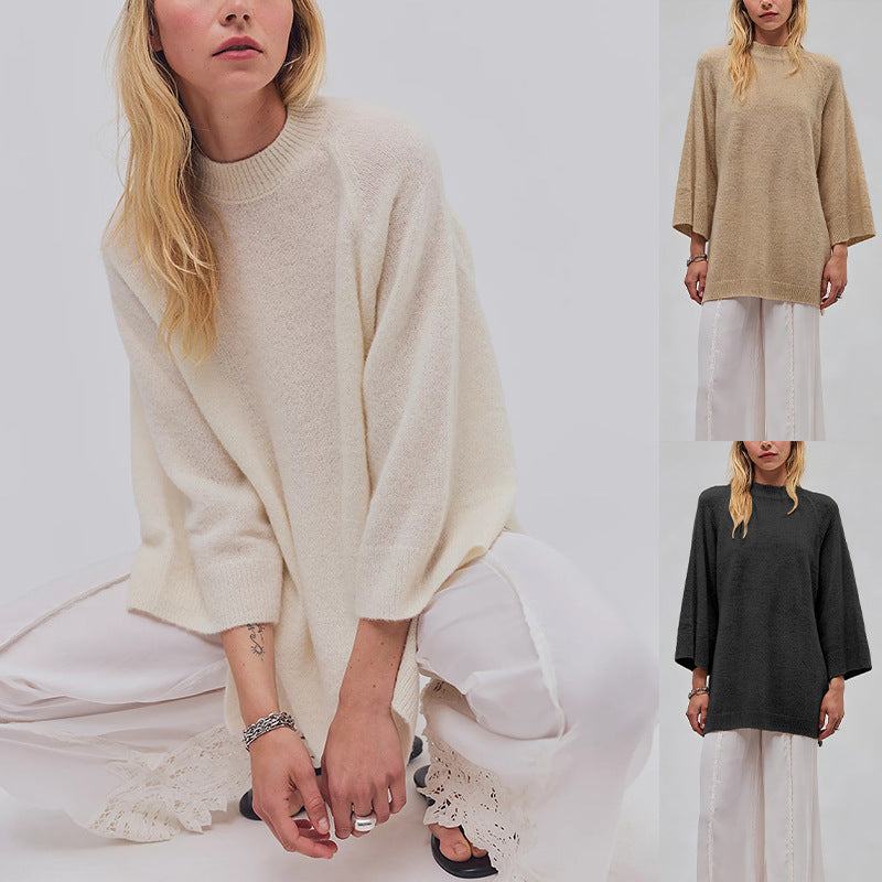 Womens Solid-color Crew-neck Knitted Pullover Sweater