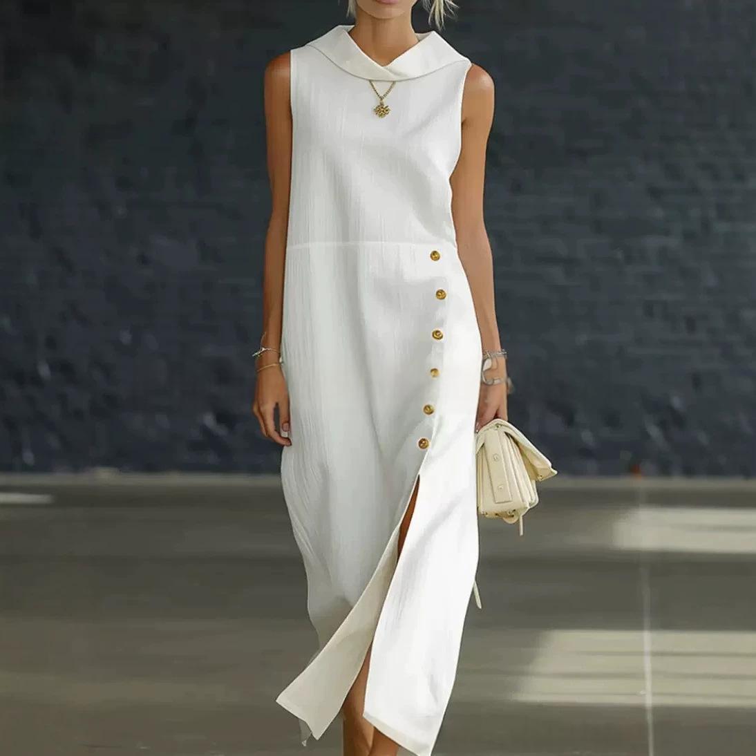 Womens Solid-color Slit-neckline Button-down Long Dress