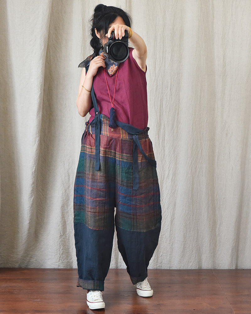 Chic Linen Patchwork Suspender Pants for Women