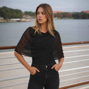 Slim‑Fit Mesh‑Collar Commuter Top – Black, Versatile & Stylish