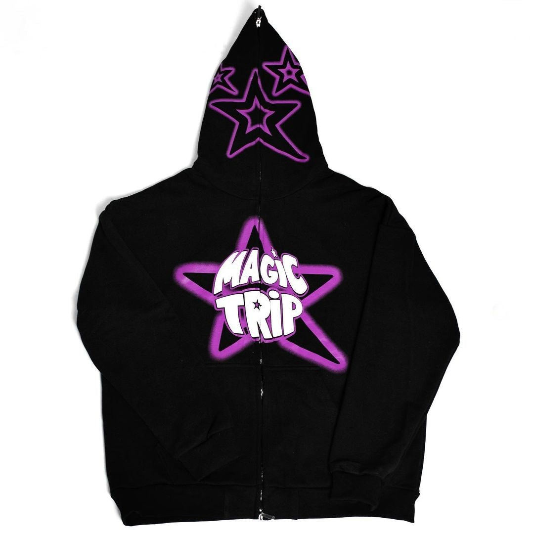Chic Black & White Printed Loose Hooded Sweatshirt