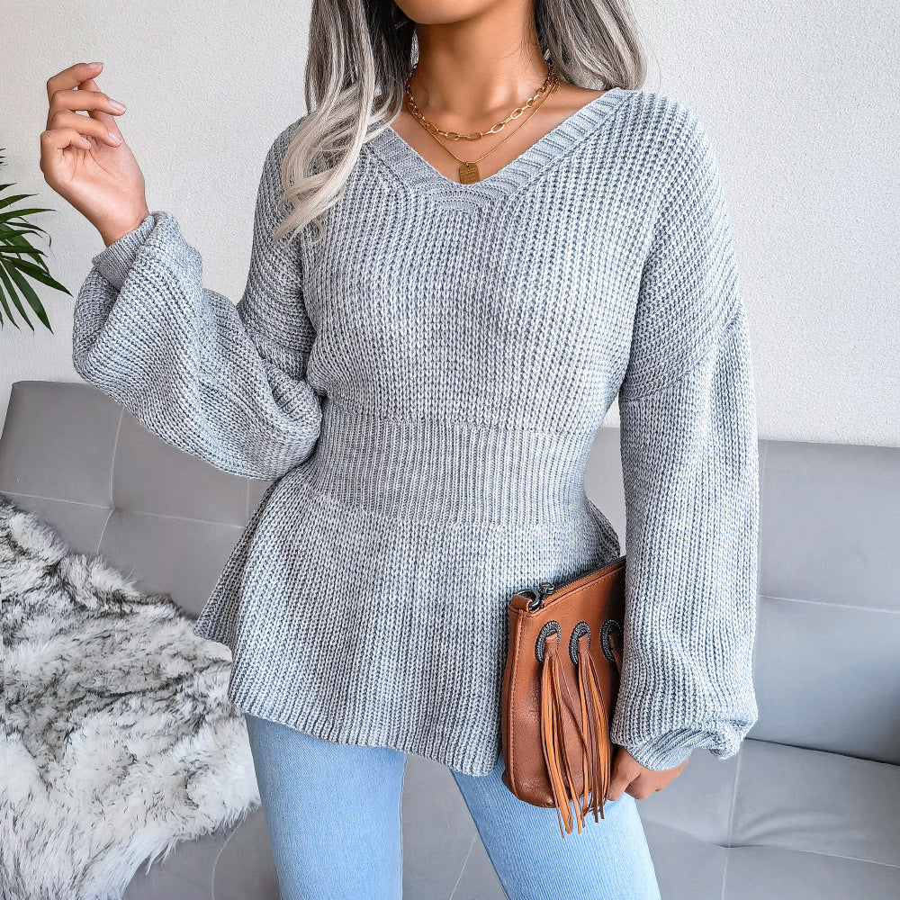 Women's Lantern Sleeve Waist-defined Hem Ruffle Knitted Sweater