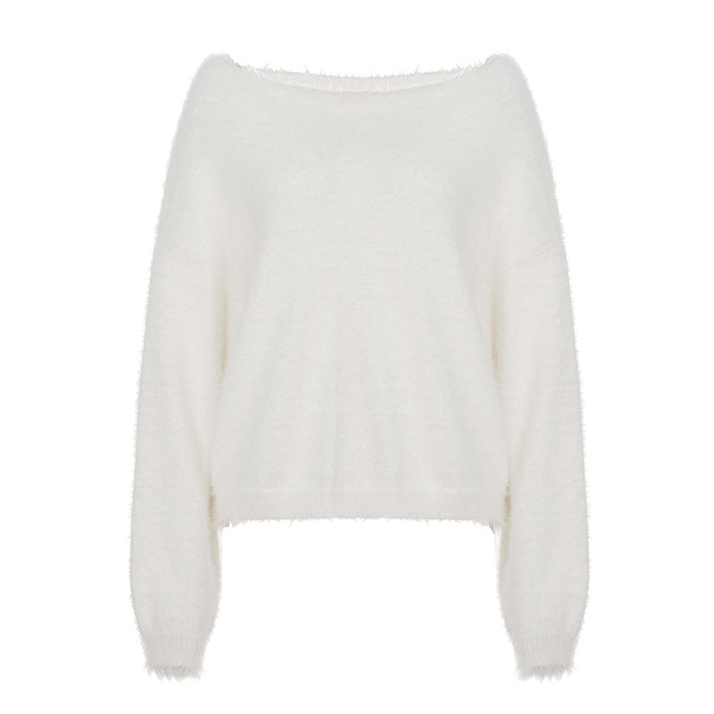 New Loose Diagonal Collar Solid Color Sweater for Women