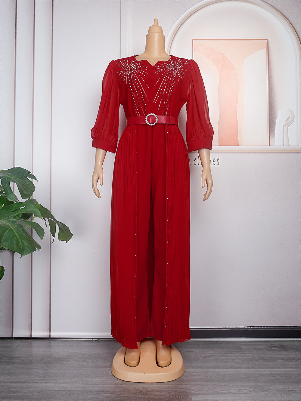 Elegant Rhinestone False Two-Piece Belted Dress