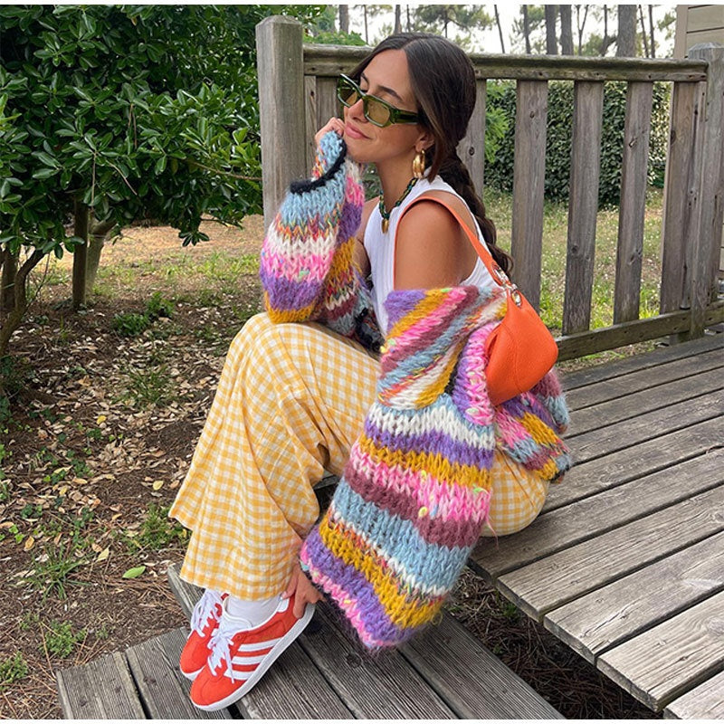 Women's Striped Long Sleeve Rainbow Plaid Cardigan Sweater