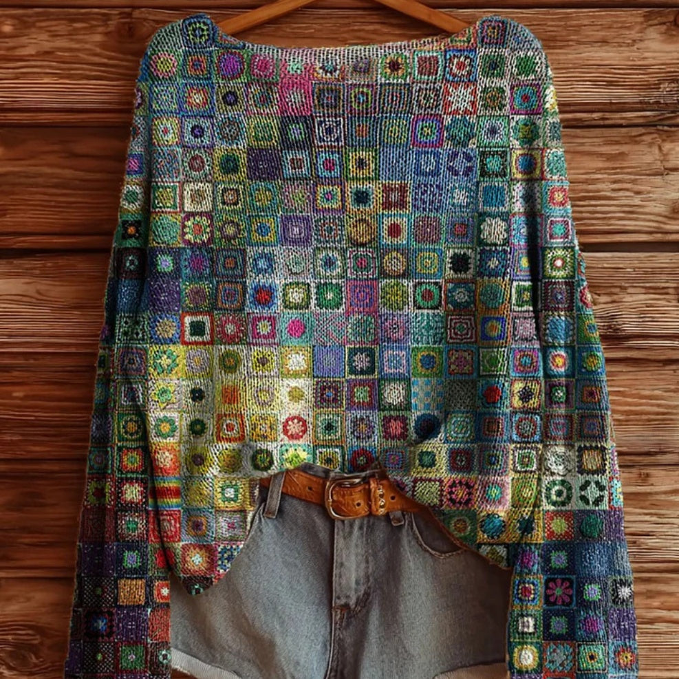 Digital-print Ethnic-style Womens Crew-neck Sweater