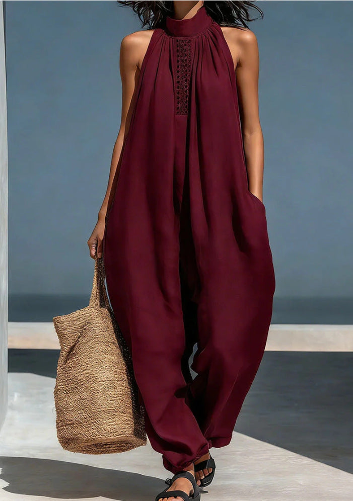 Women's Casual Sleeveless Stand-Collar Loose Jumpsuit
