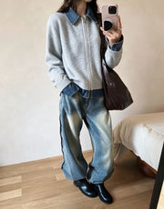 Notch-collar Denim Patchwork Womens Loose Casual Long-sleeve Sweater Coat