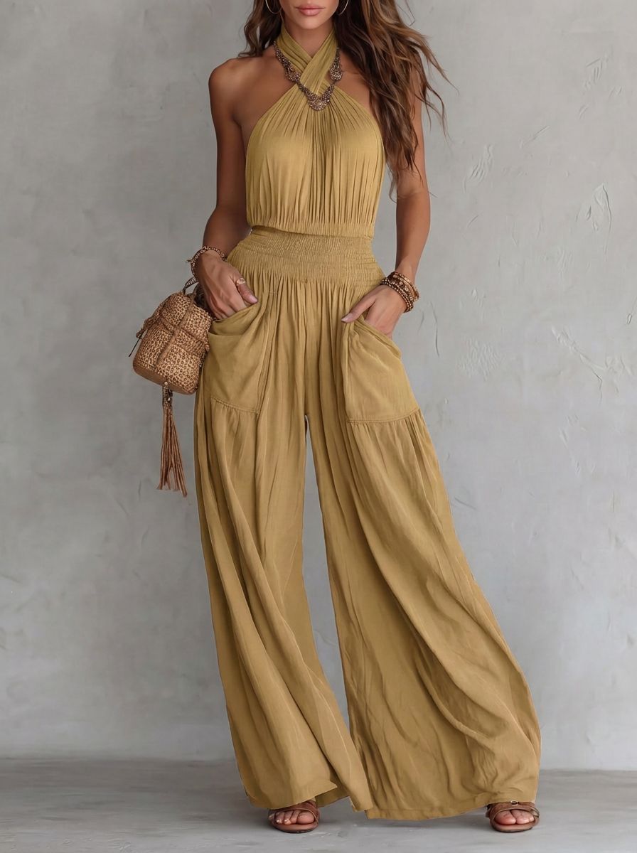 Bohemian Backless Wide Leg Jumpsuit with Pockets