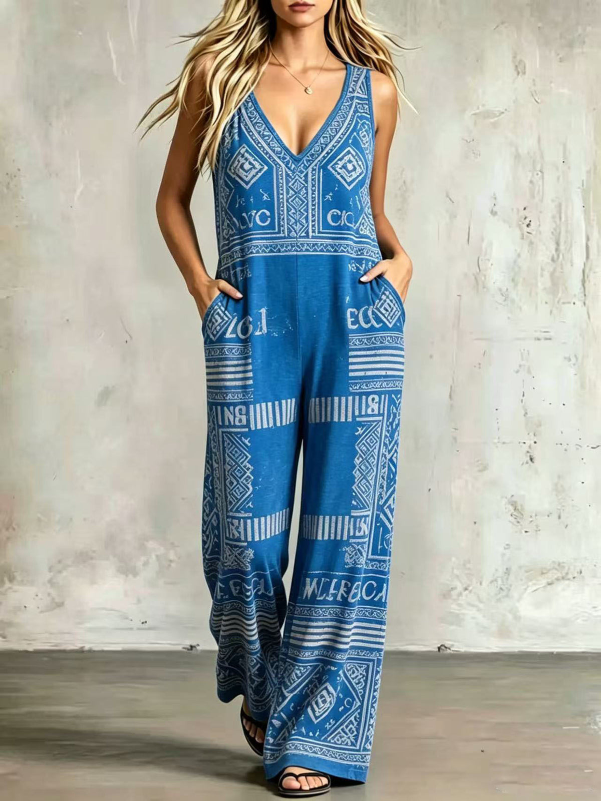 Printed Sleeveless Wide-Leg Loose Jumpsuit