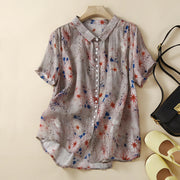 Floral Cotton Linen Short Sleeve Blouse