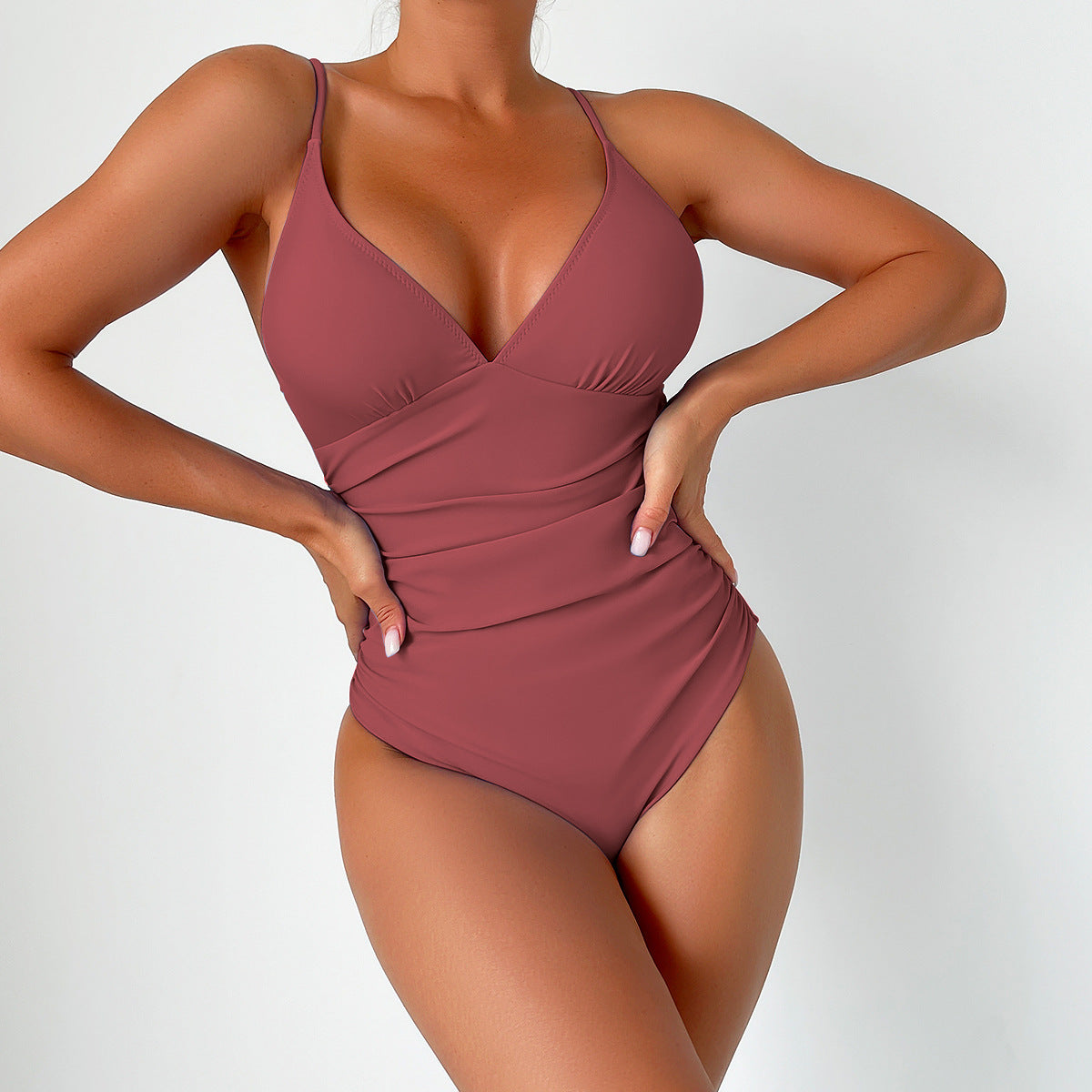 Sexy Deep V One-Piece Swimsuit with Ribbon & Chest Pad