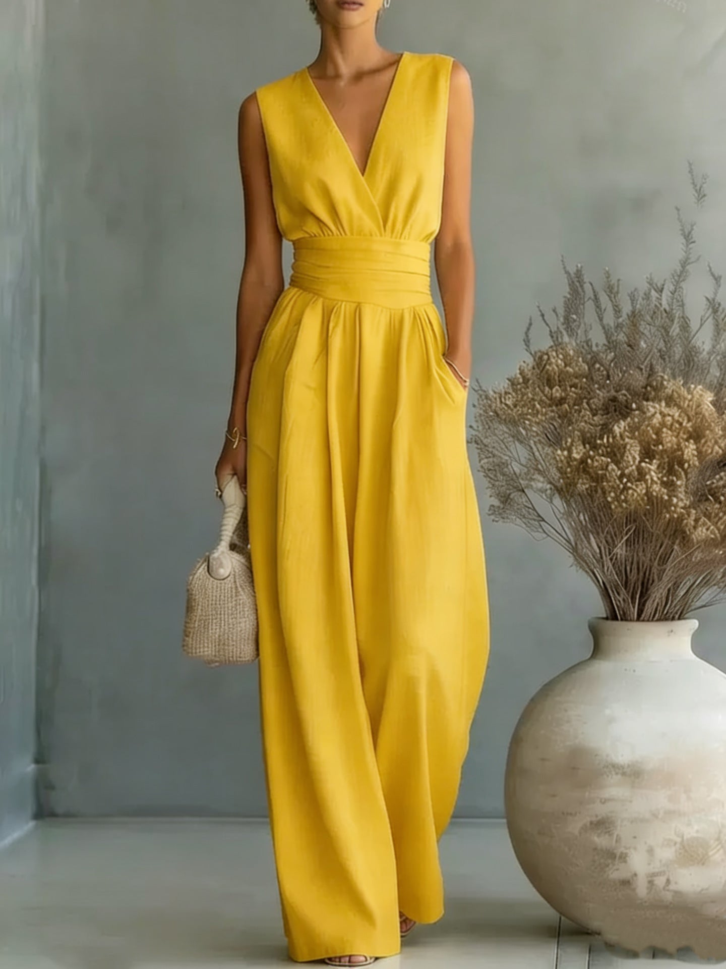 Womens Elegant Sleeveless Waist-Cinching V-Neck Sophisticated Jumpsuit