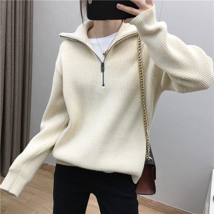 Women's Elegant Lapel Zipper Pullover Sweater