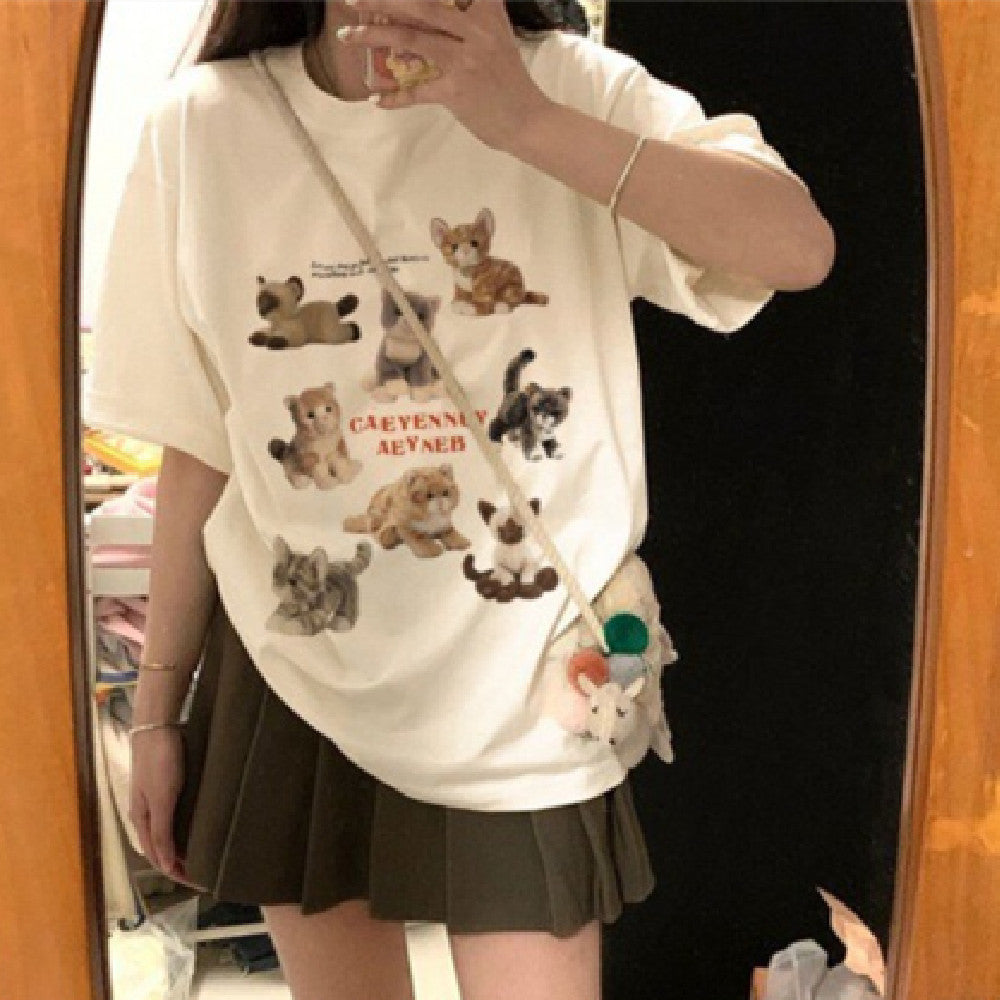 Boys Cartoon Kitten Hip Hop Streetwear Short-Sleeve Tee