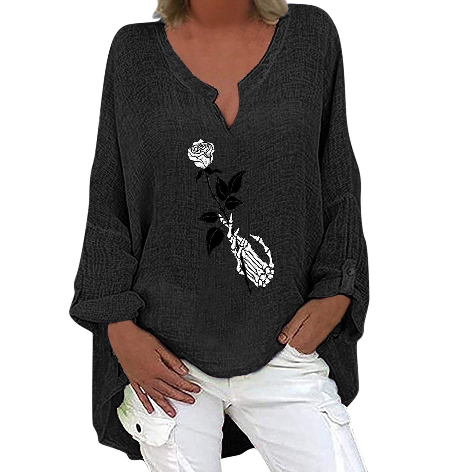Halloween V-Neck Cotton Linen Long Sleeve Shirt