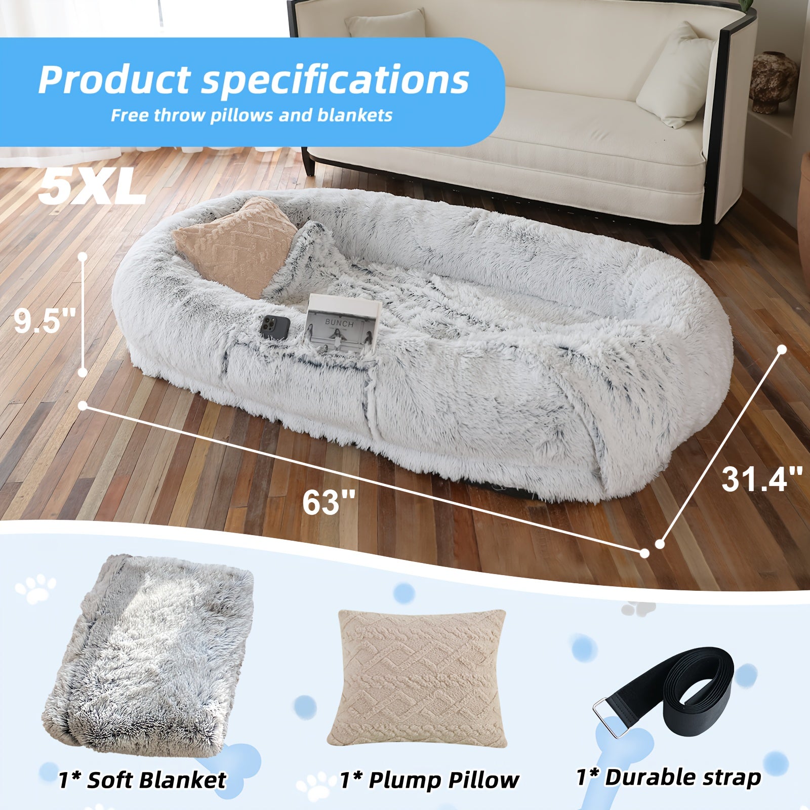 YAEM Human & Pet Dog Bed - Oversized Faux Fur Bed for Large Dogs & Owners, Washable with Plump Pillow & Blanket, Gray Bed Frame for /Pets, Storage Strap, Shared Space (Suitable
