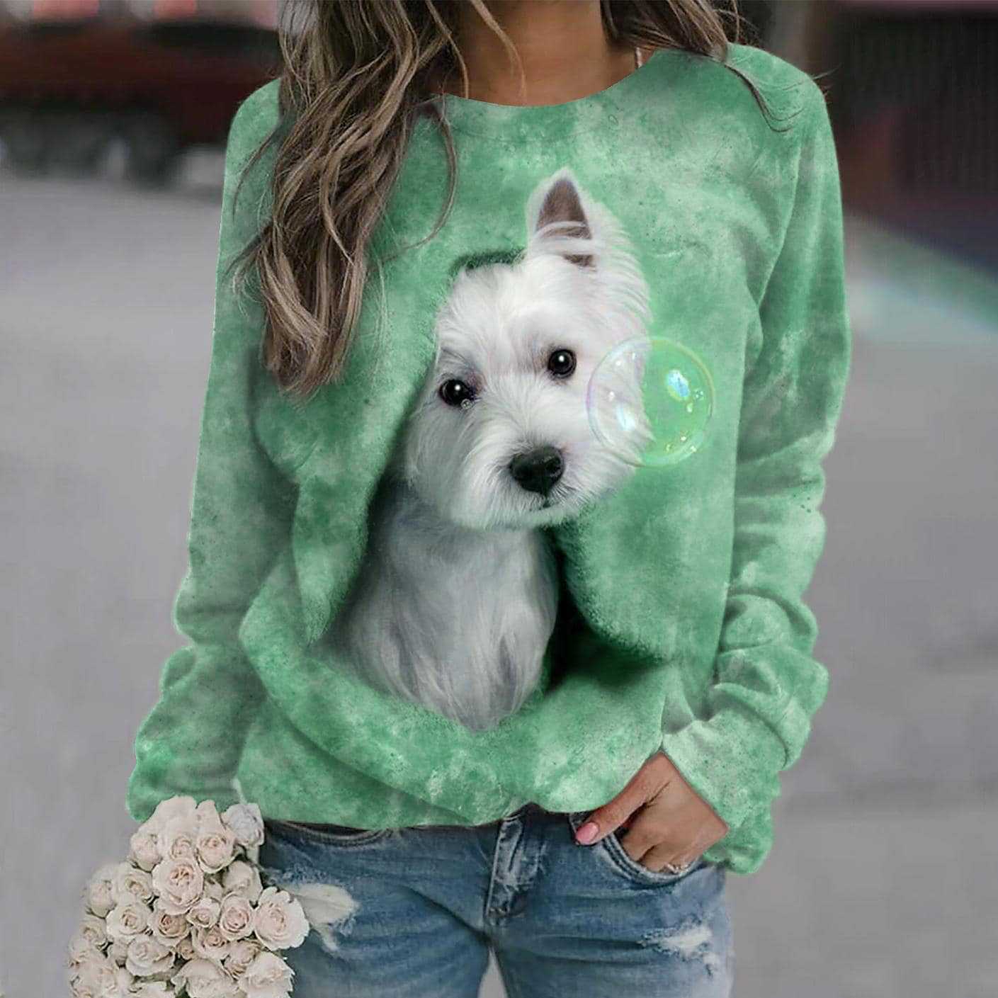Women's 3D Digital Print Round Neck Fashion Sweater