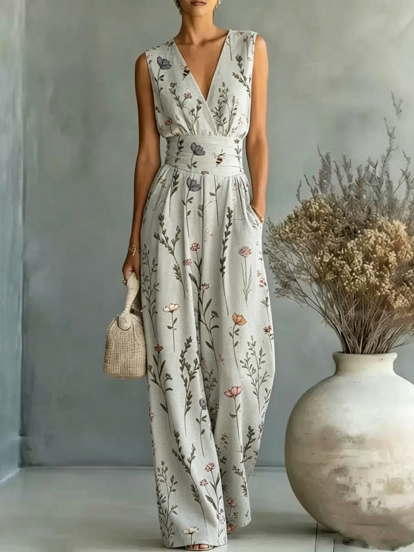 European And American-style Deep V-neck Sleeveless Printed Jumpsuit