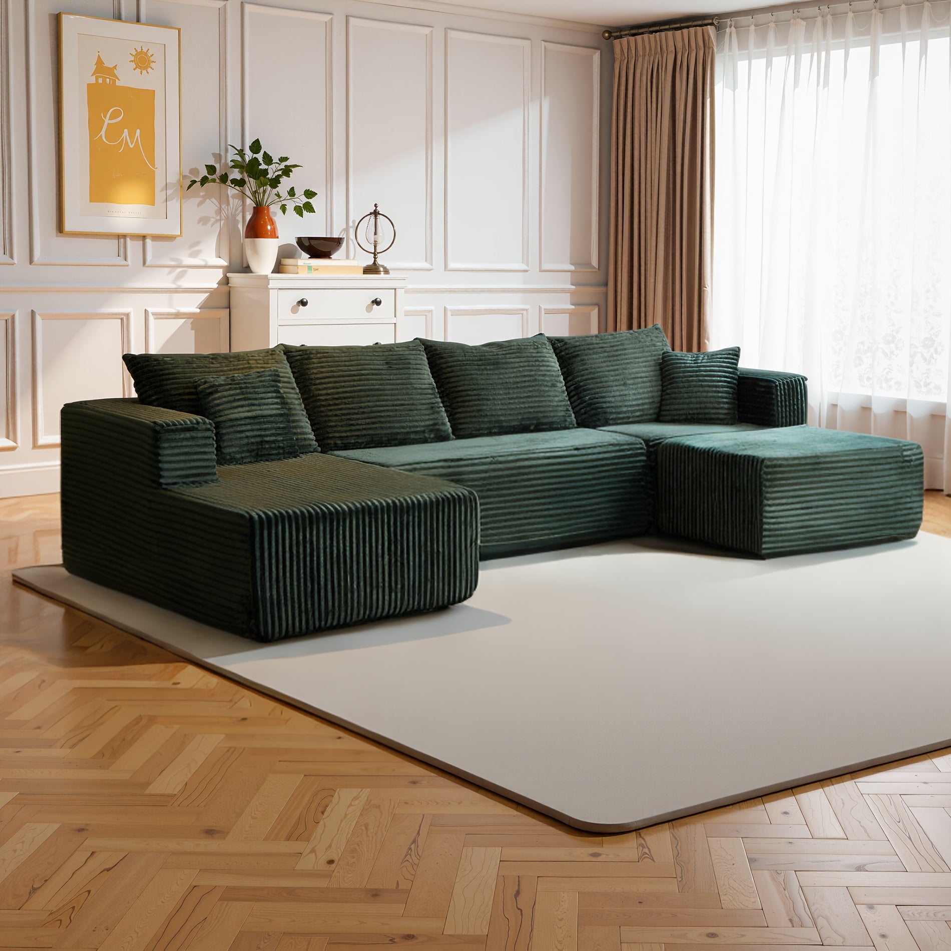 Modular L-shaped chaise longue sofa bed with deep seat and corduroy upholstery