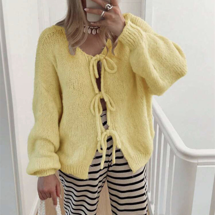 Women's Solid Color Casual Loose and Simple Lace-up Sweater Coat