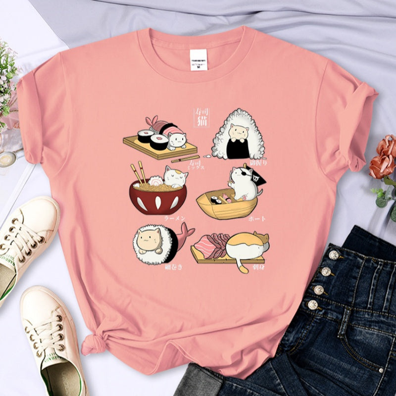 Cute Sushi Cat Harajuku Tee – Fun, Trendy Short‑Sleeve Top