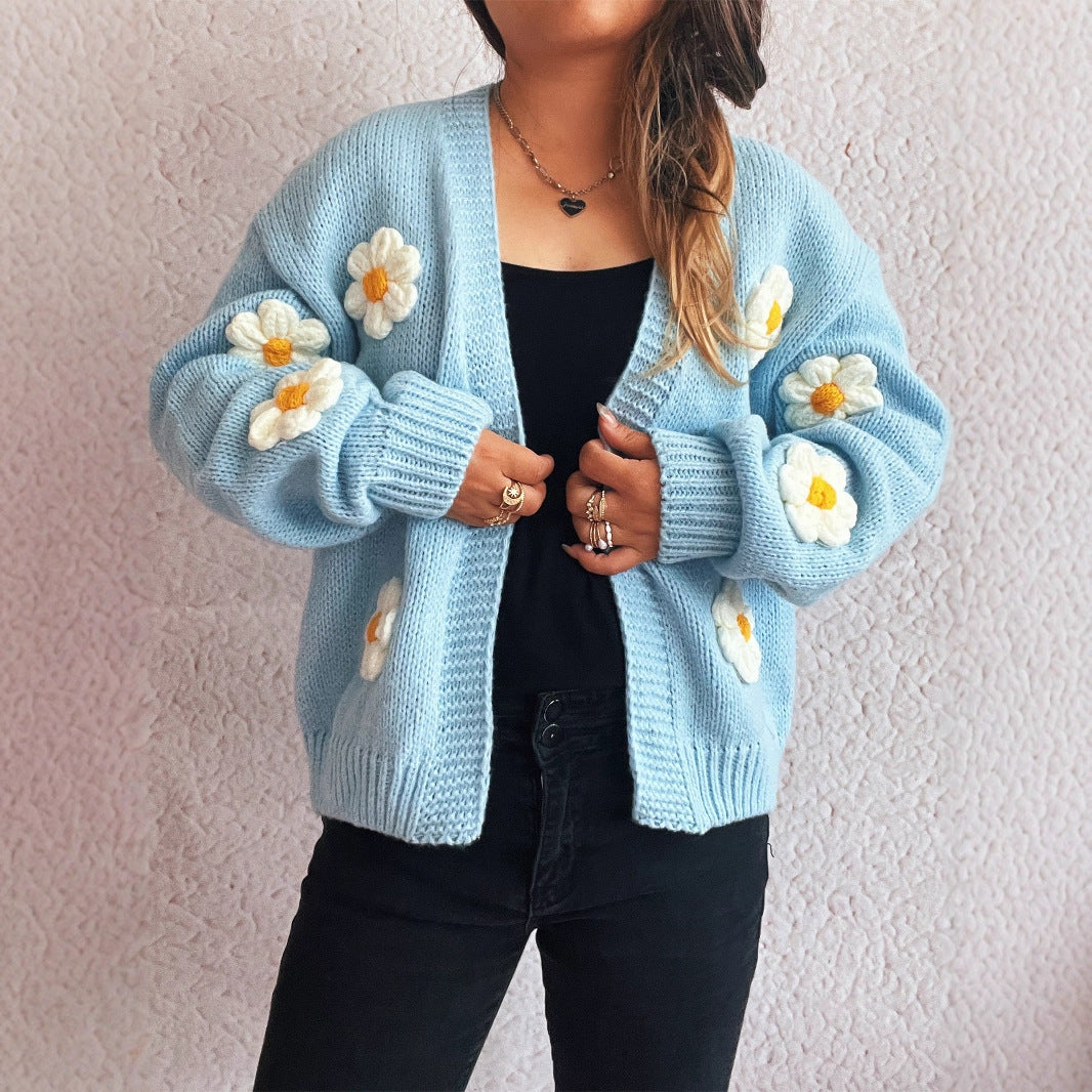 Casual Knitted V-neck Stitching Flower Cardigan Sweater