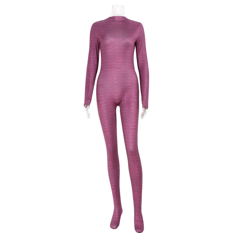 Womens Long-Sleeve Bodysuit With European And American Snake-Print Mesh And Floral Print