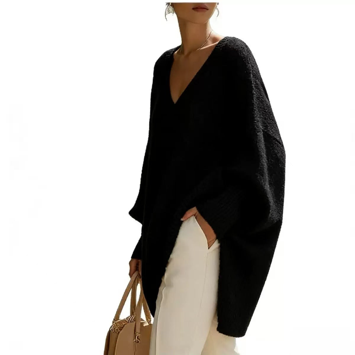 Solid-color Long-sleeve V-neck Laid-back Style Womens Sweater Top