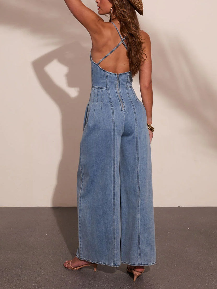 Women's High-Stretch Denim Wide-Leg Jumpsuit