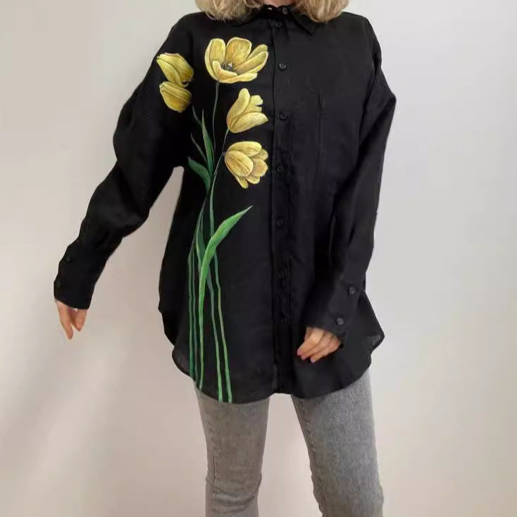 Three-dimensional Hand Crochet Knitted White Flower Printed Cotton And Linen Shirt