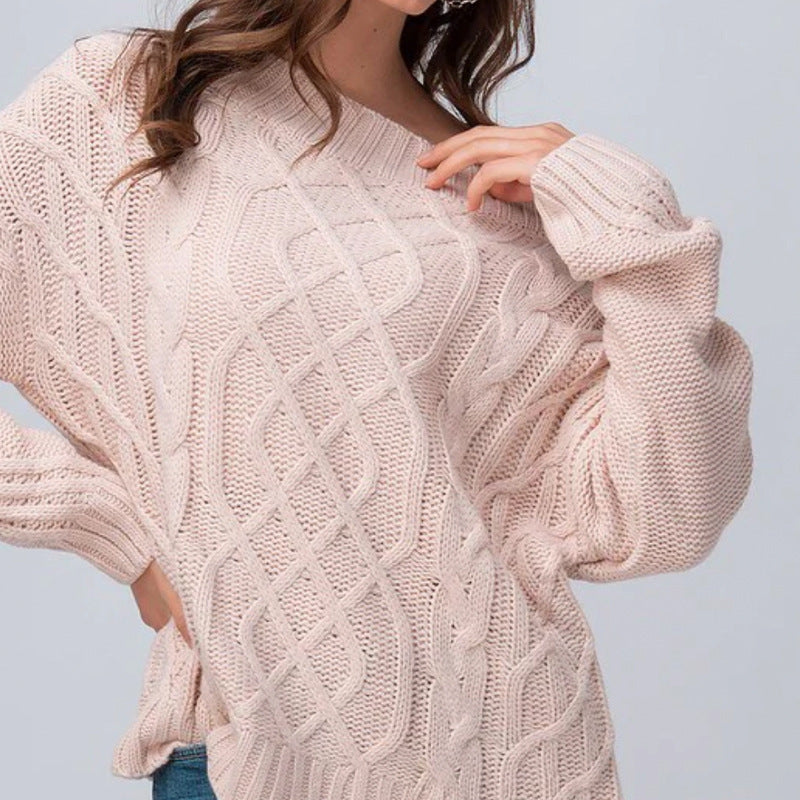 Round Neck Pullover Cable-knit Sweater Women