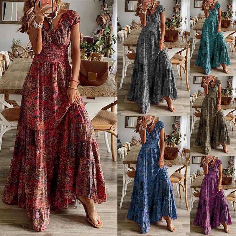 Bohemian Floral Print Cinched Waist Summer Dress