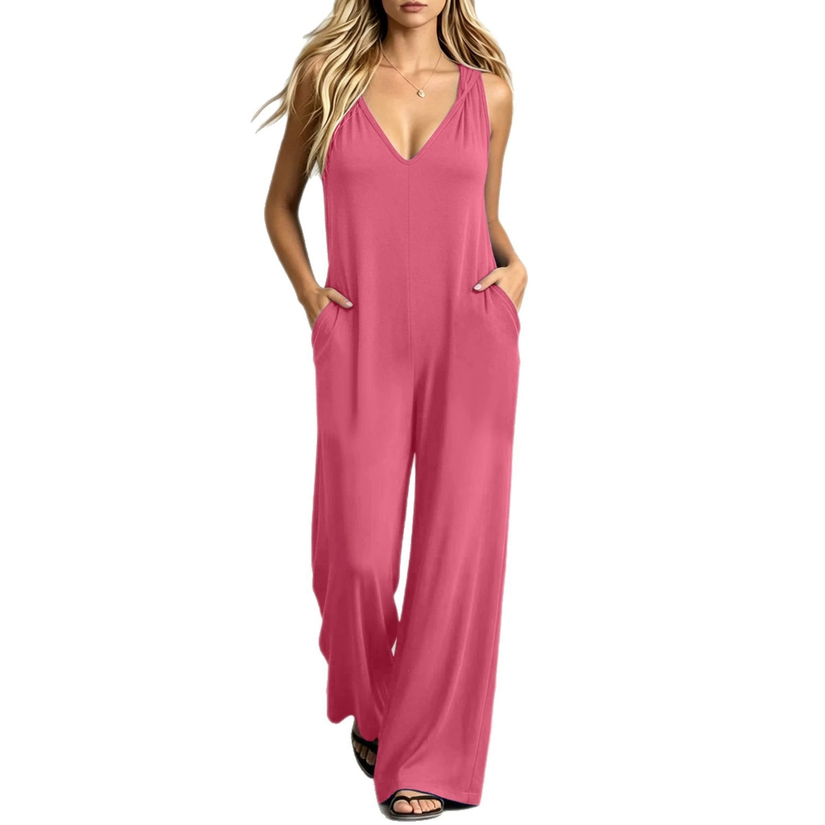 Simple V-neck Pocket Solid-color Hooded Jumpsuit