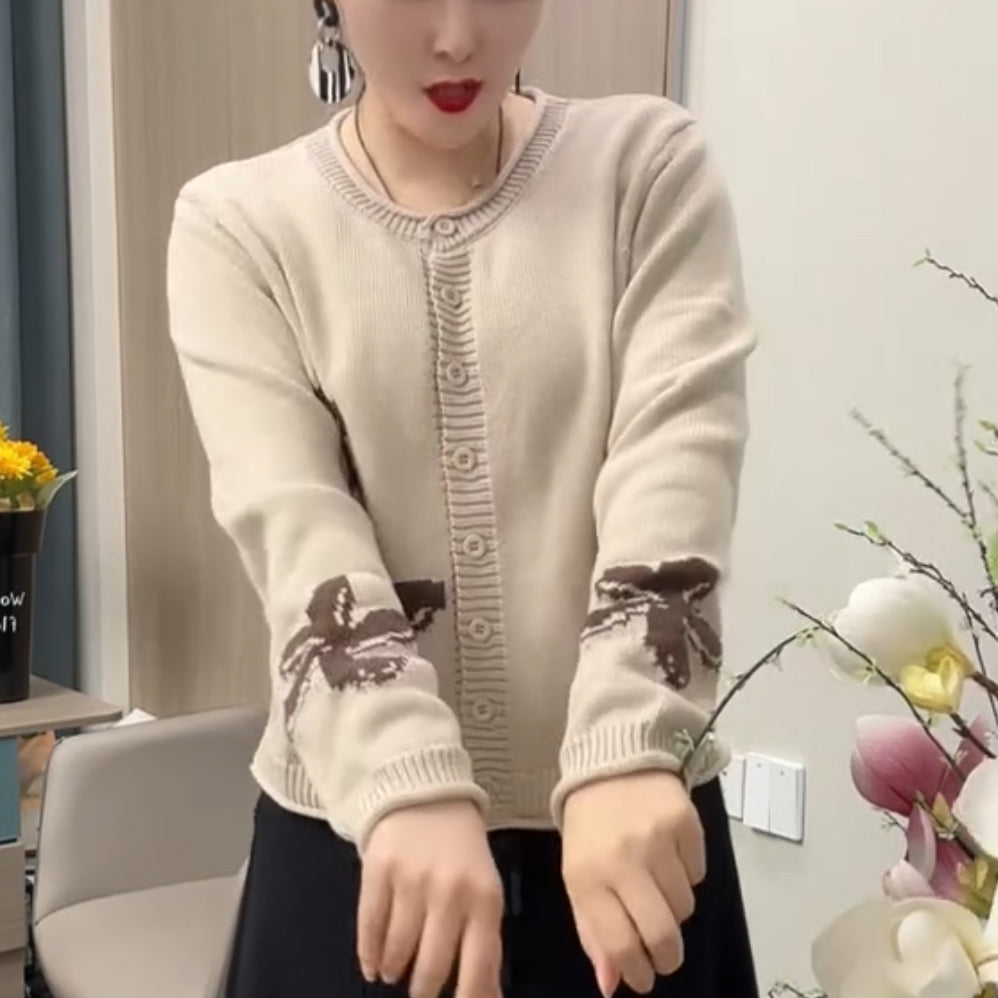 Stylish Knit Winter Fashion Lazy Retro Floral Round Neck Cotton Top