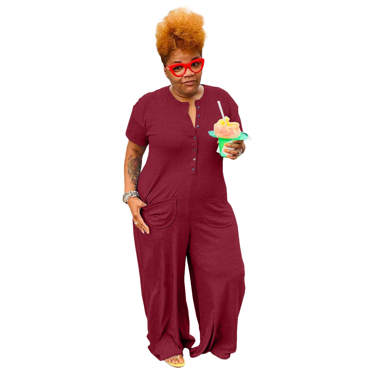 Plus-Size Casual Buttoned Jumpsuit