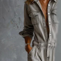 Casual Light-gray Distressed Ripped Denim Jumpsuit