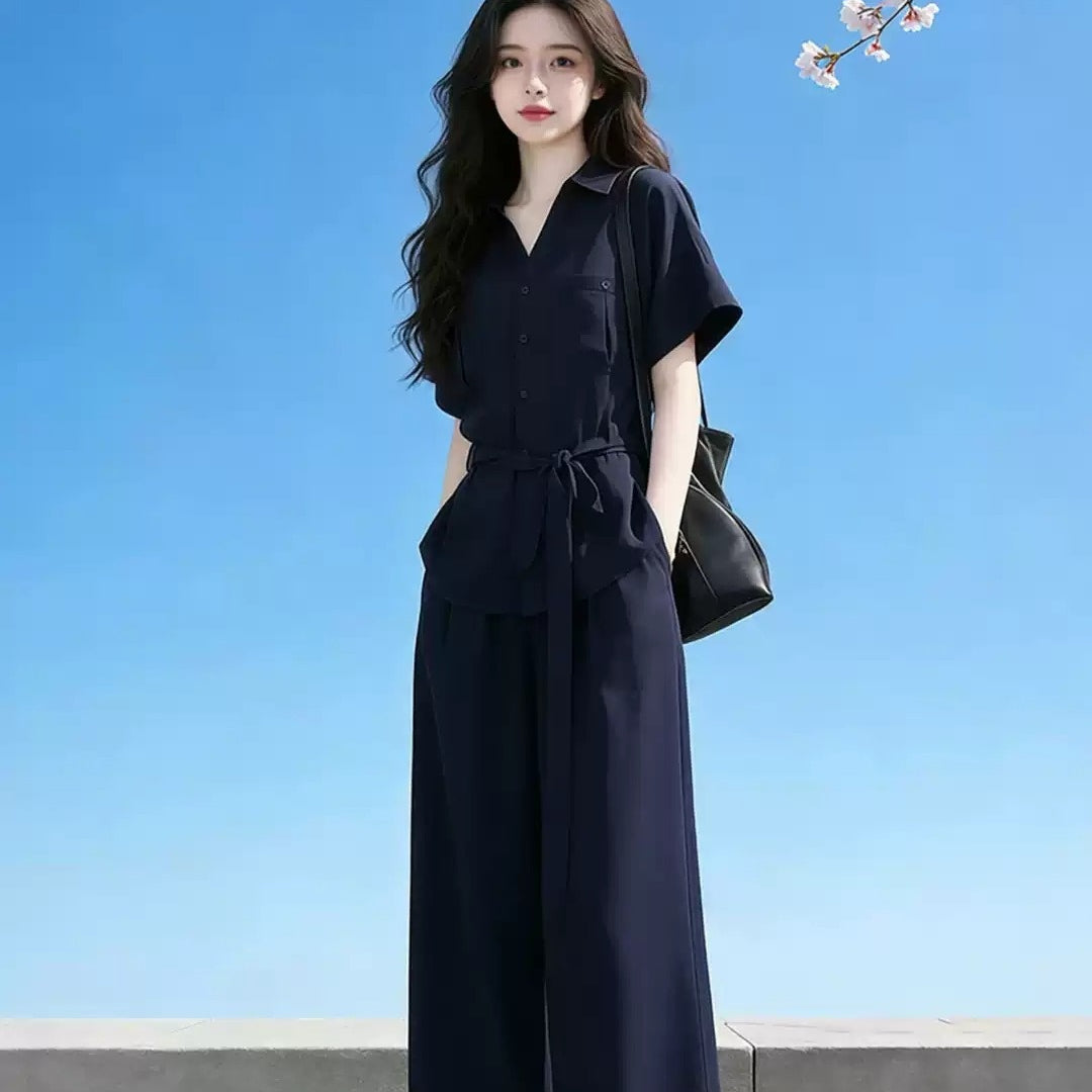 Korean Chic Commuter Shirt & Wide-Leg Pants Set