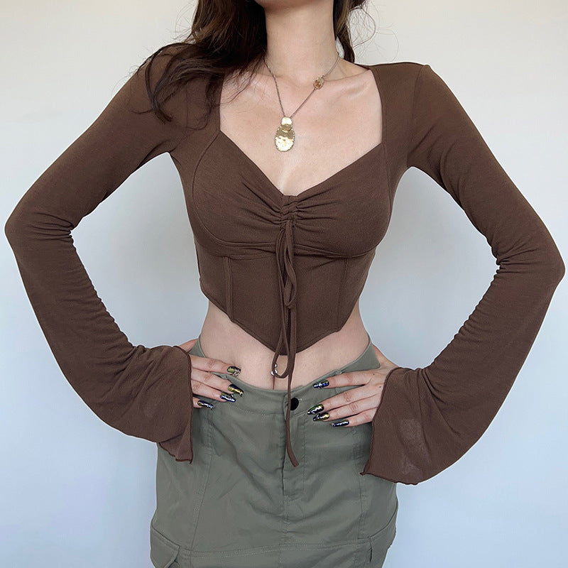 Ribbed Knit Fish Bone Pleated Crop Top
