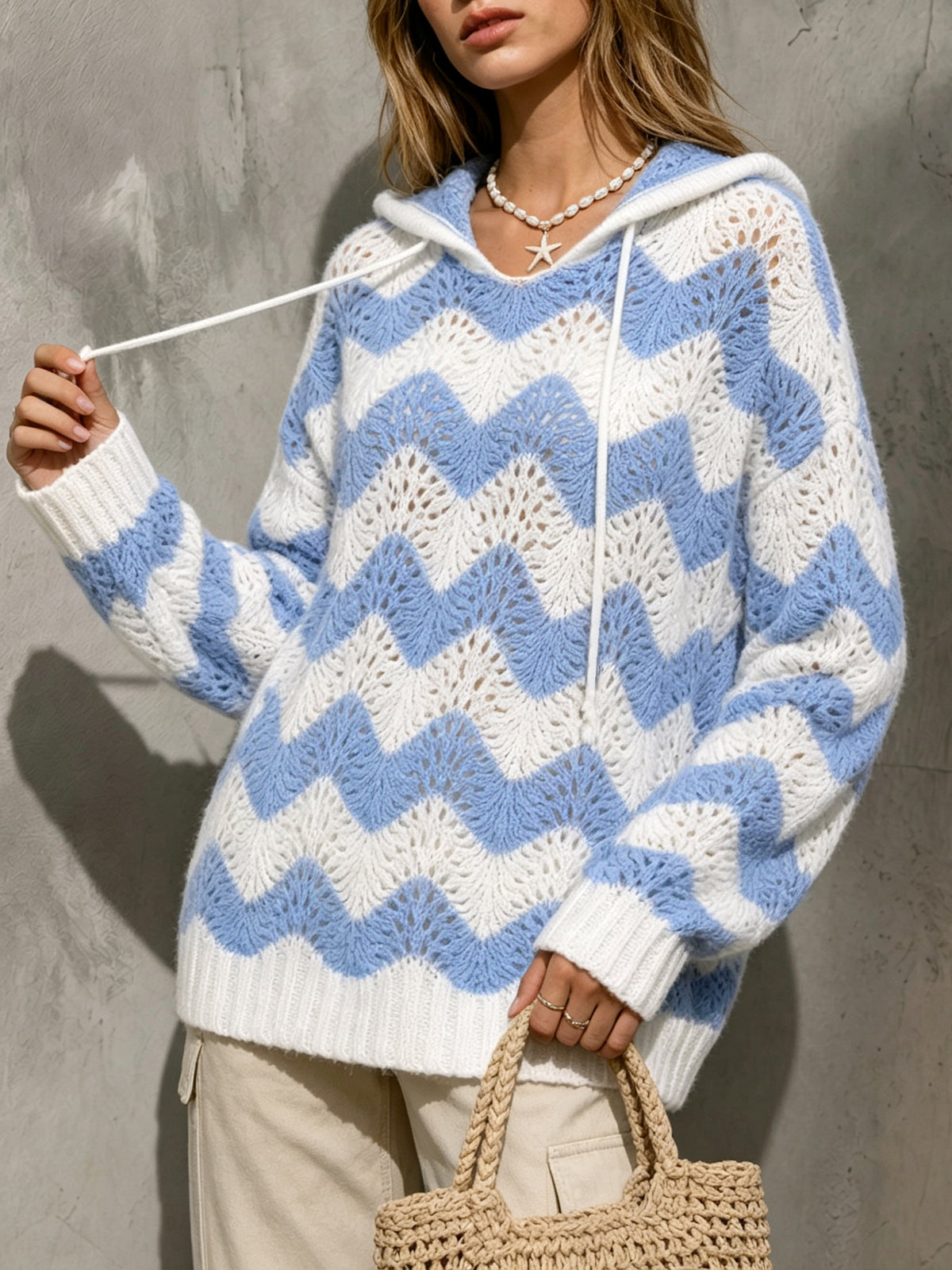 Women & Girl's Oversized Wave Striped Knitted Hooded Pullover Lightweight Polyester Loose Hollow Out Top