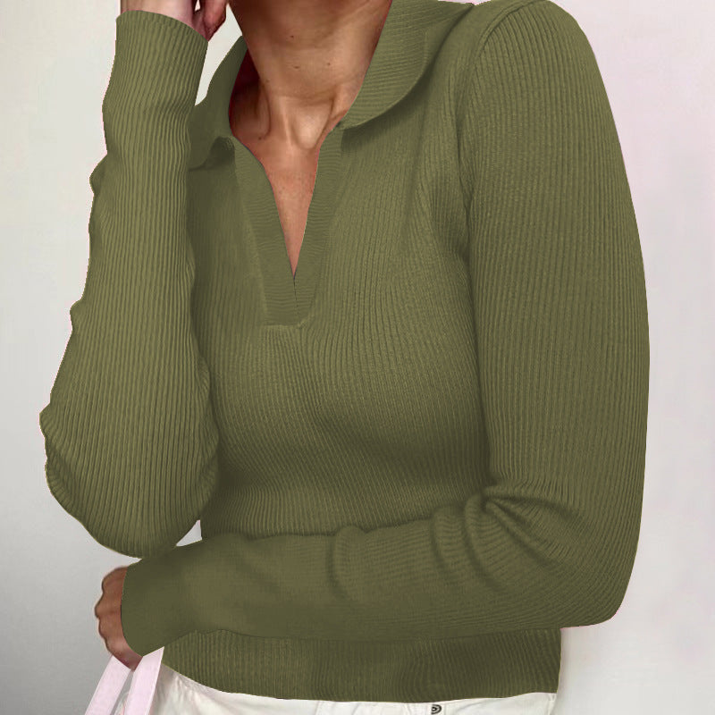 French-style Elegant Polo-neck Tight-fitting Pure Cotton Ribbed Fabric Deep V-neck Long-sleeve T-shirt