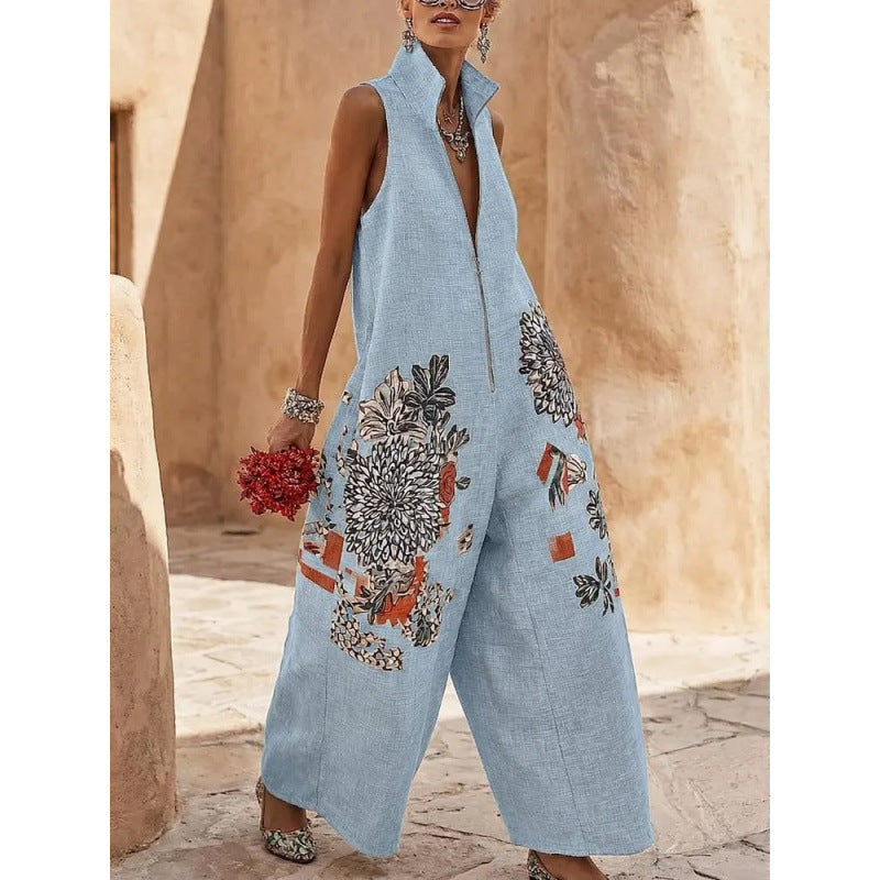 Stand-collar Sleeveless Casual Wide-leg Cotton-linen Jumpsuit