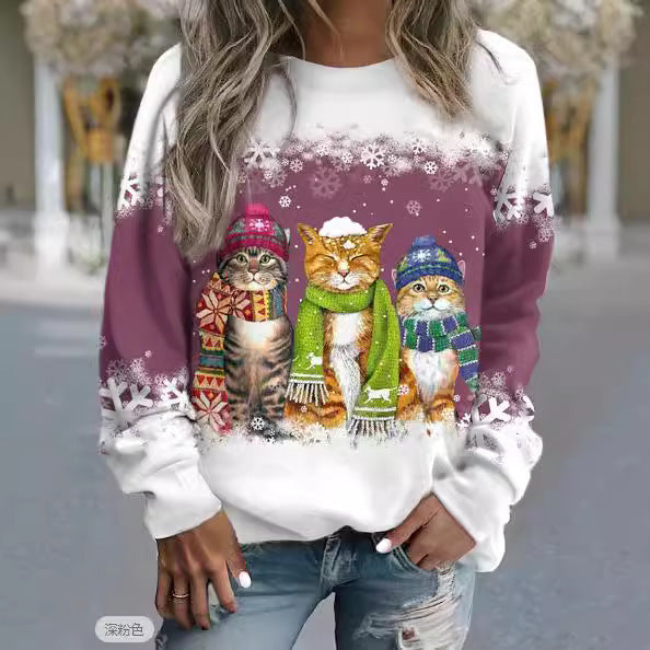 Festive Christmas Snowman & Cat Long Sleeve Casual T-Shirt